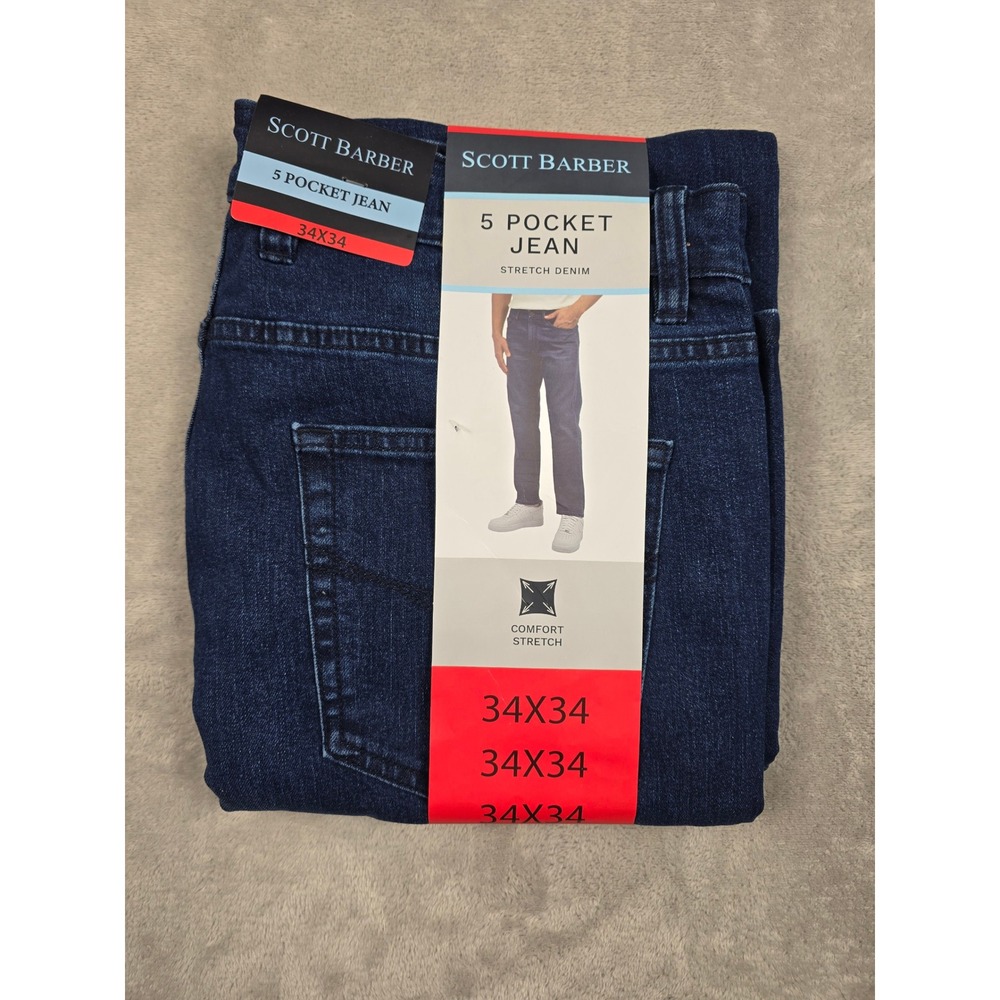 Scott Barber 5 Pocket Jean Mens 34X34 Dark Blue Straight‎ Fit Stretch Denim